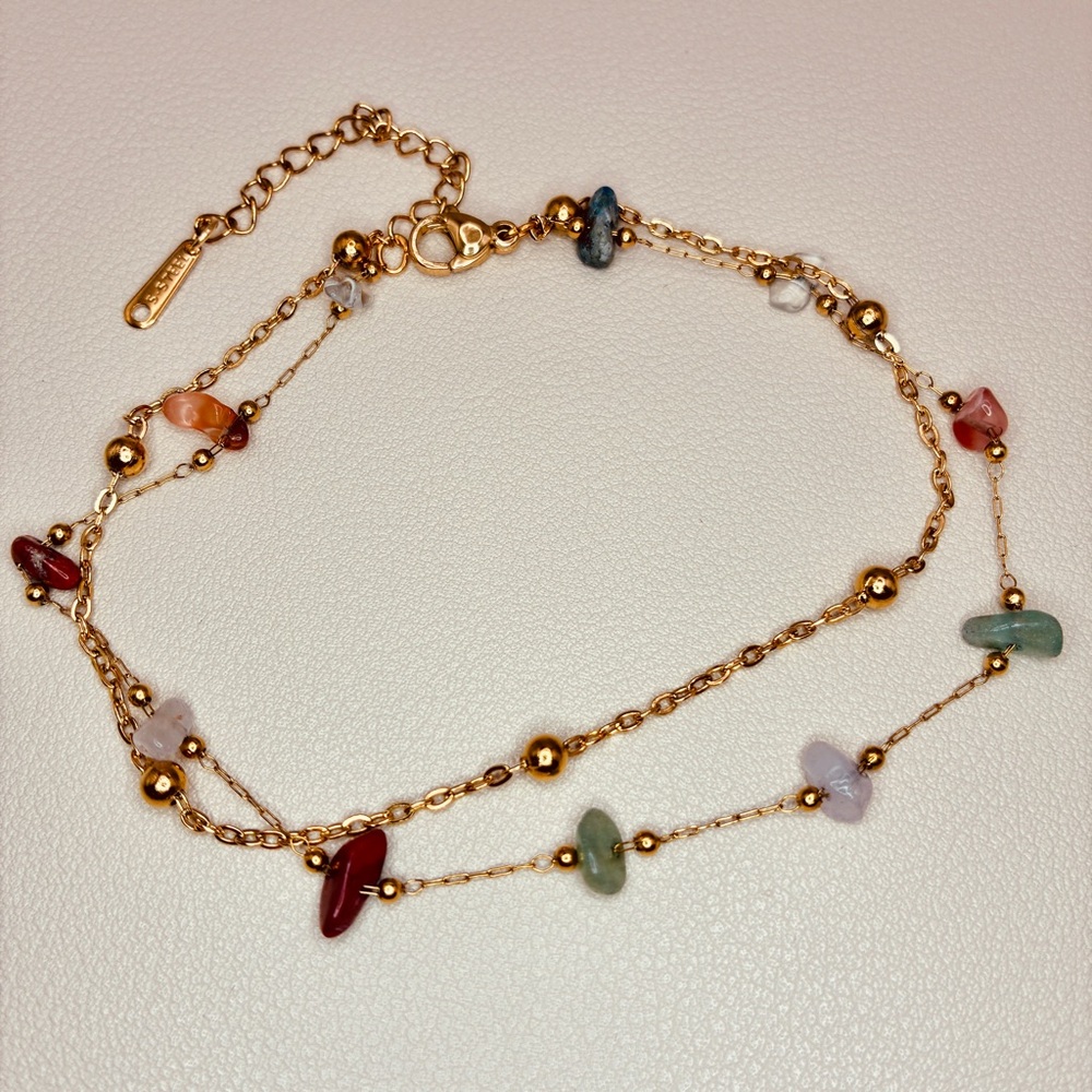 Gold Anklet Multicolor Natural Gemstones Layered Beaded Dainty Chain